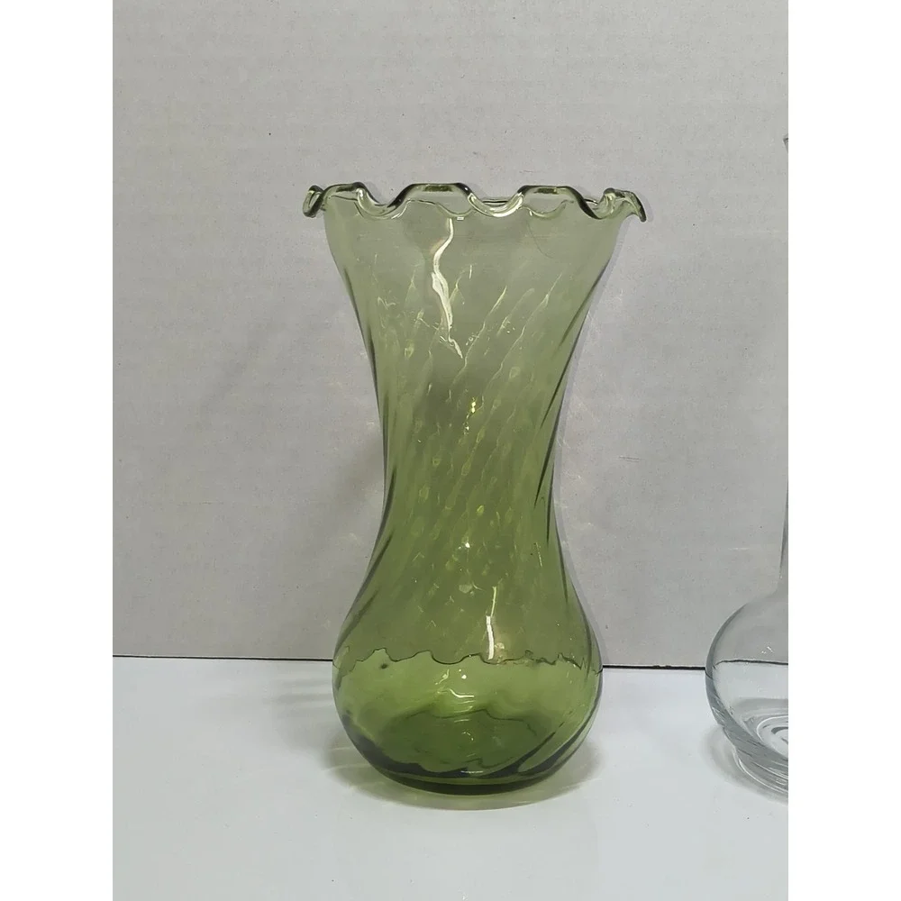 Blown Glass Flower Vase Set Green Ruffled Fluted Rim Optic Swirl & Clear Slender